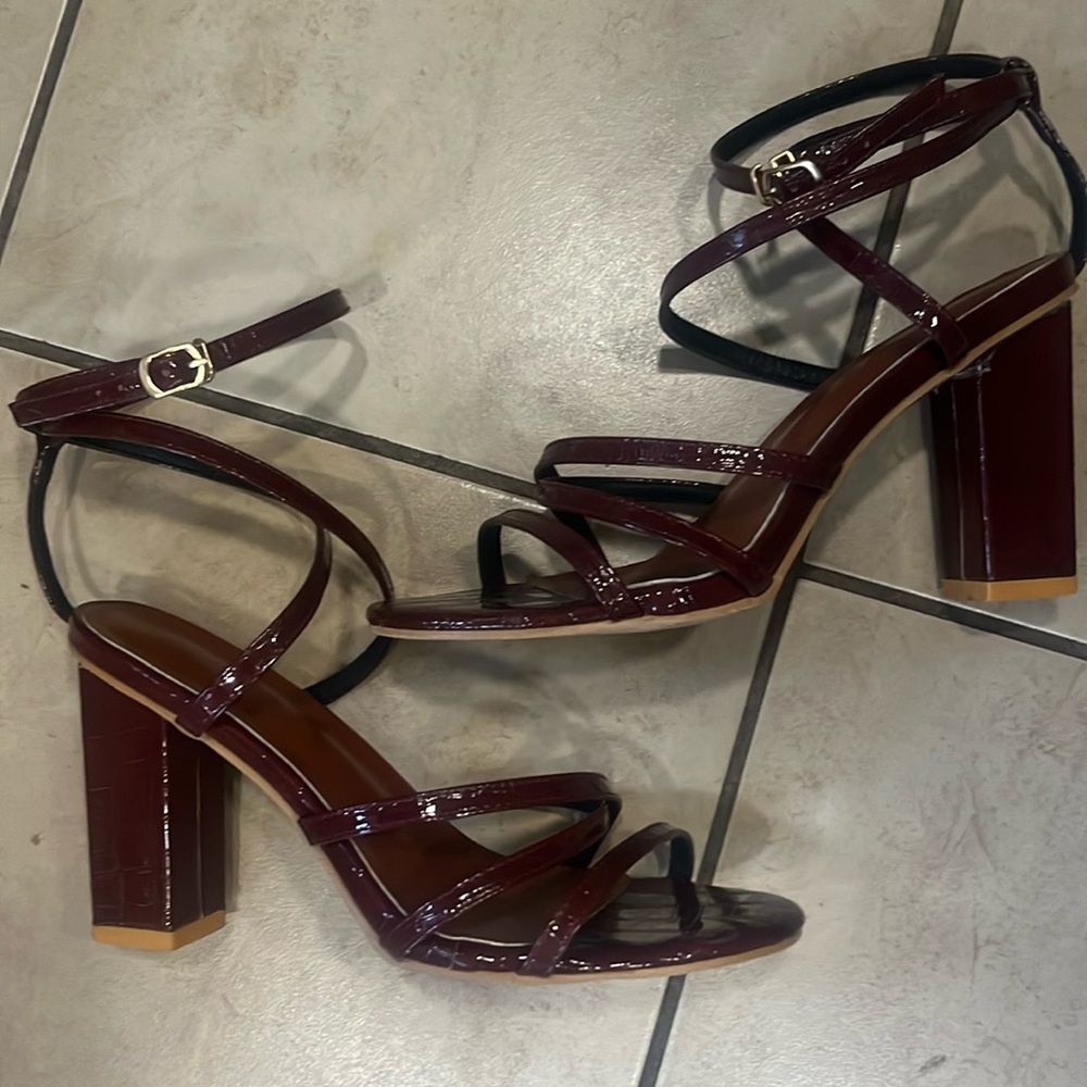 Burgundy color strappy block heels with latch ankle strap
